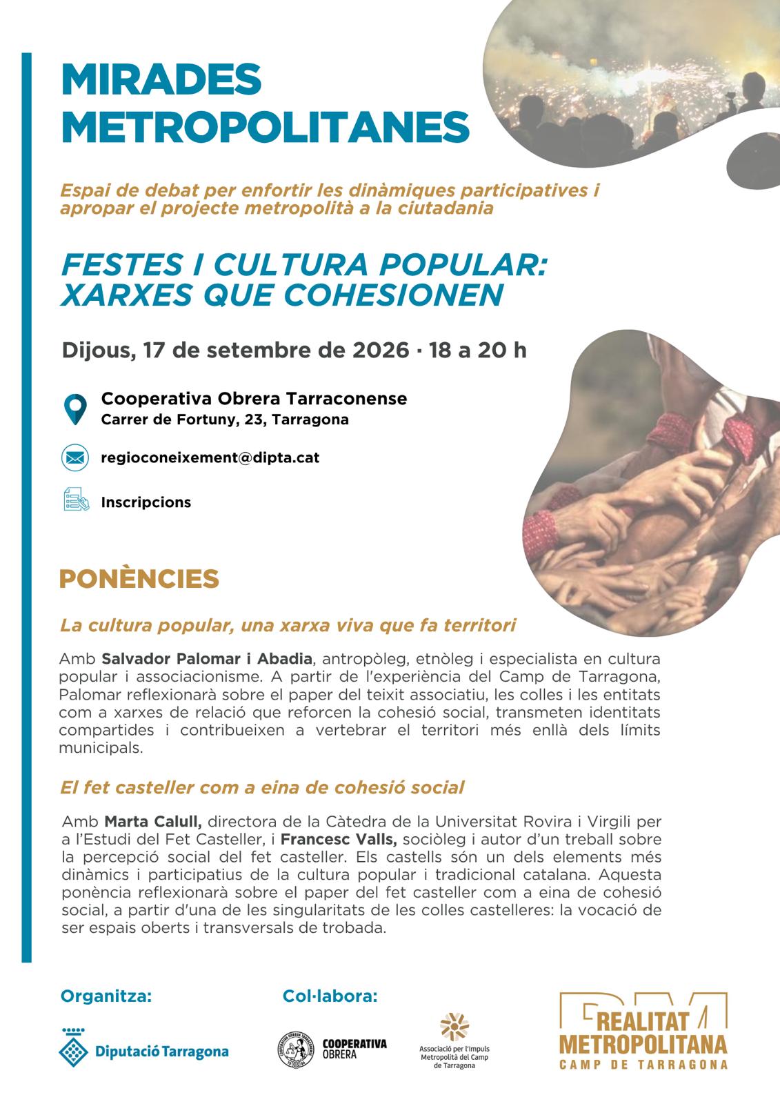 Festes i Cultura Popular centrarà l'espai de debat de la sessió Mirades Metropolitanes